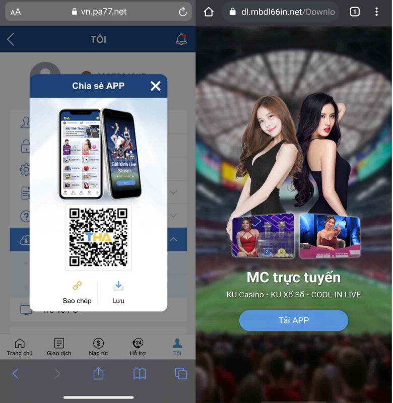 Giao diện chia sẻ và tải app Thabet trên android